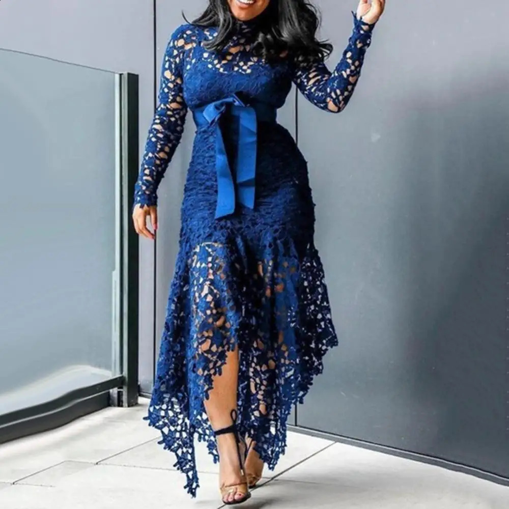 Lace Bow Belted Women Dress Elegant Long Sleeve Irregular Hem Bodycon Party Vintage Wedding Evening 241205