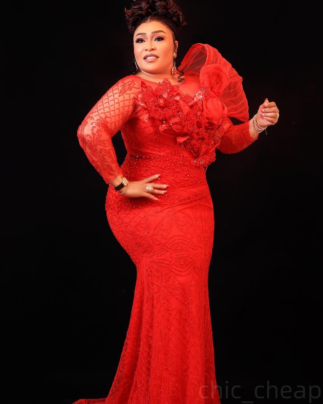 Red Mermaid Prom Dresses 2025 Floral Lace Beaded Full Sleeves Evening Formal Party Second Birthday Engagement Gowns Plus Size Dress For Special Occasi