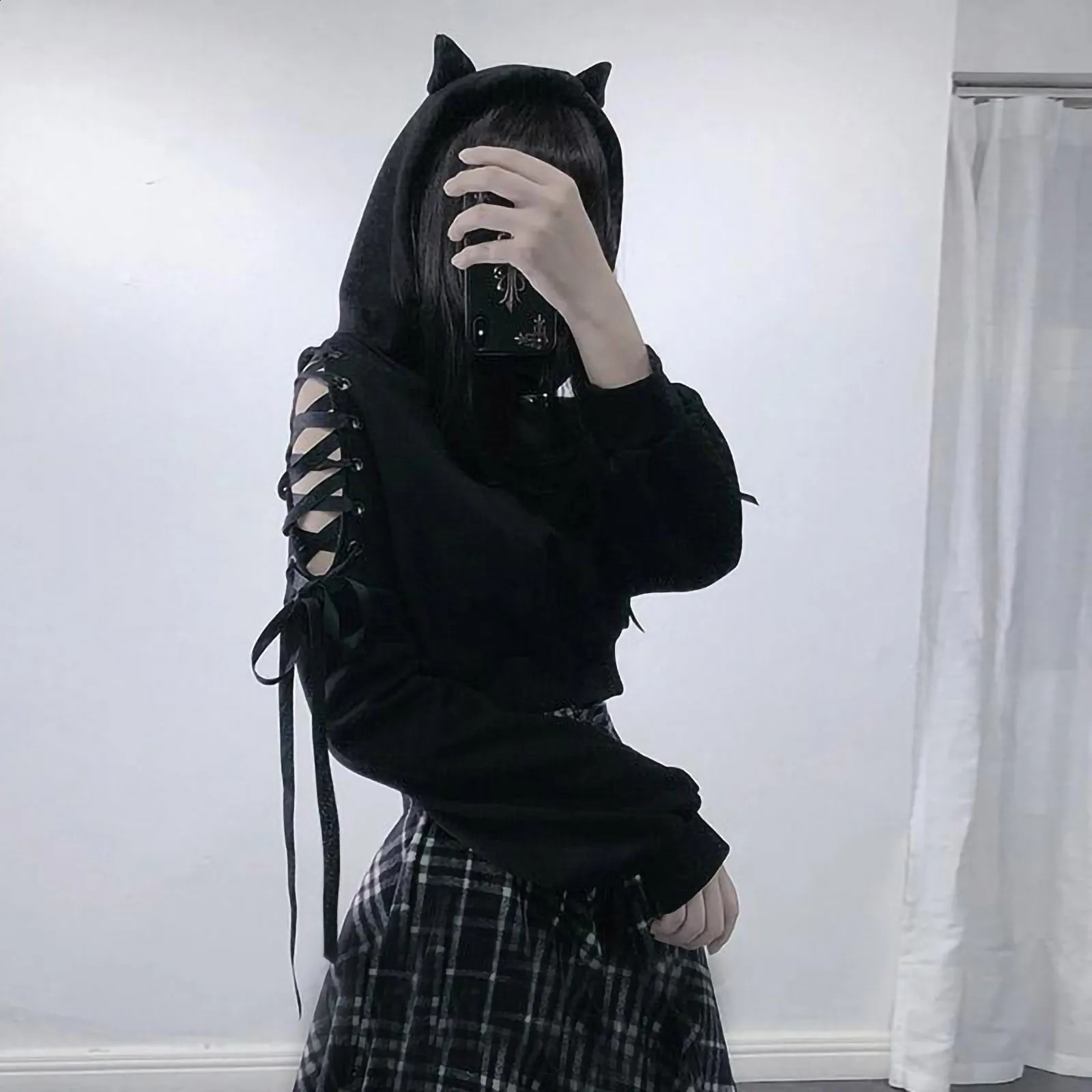Y2k Gothic Off Shoulder Cat Ear Pullover For Women HollowOut Lace Up Sweatshirt Kpop Crop Tops Long Sleeve Hooded Hoodie 241203