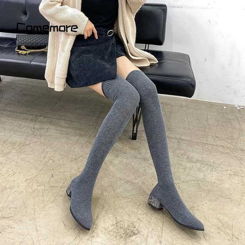 High Quality Cemore Wens Spring Autumn Lg Over Knee Boots Womens Elastic Square Low H Wide Stripe Shoes Sexual Knee High Socks Boots T241206