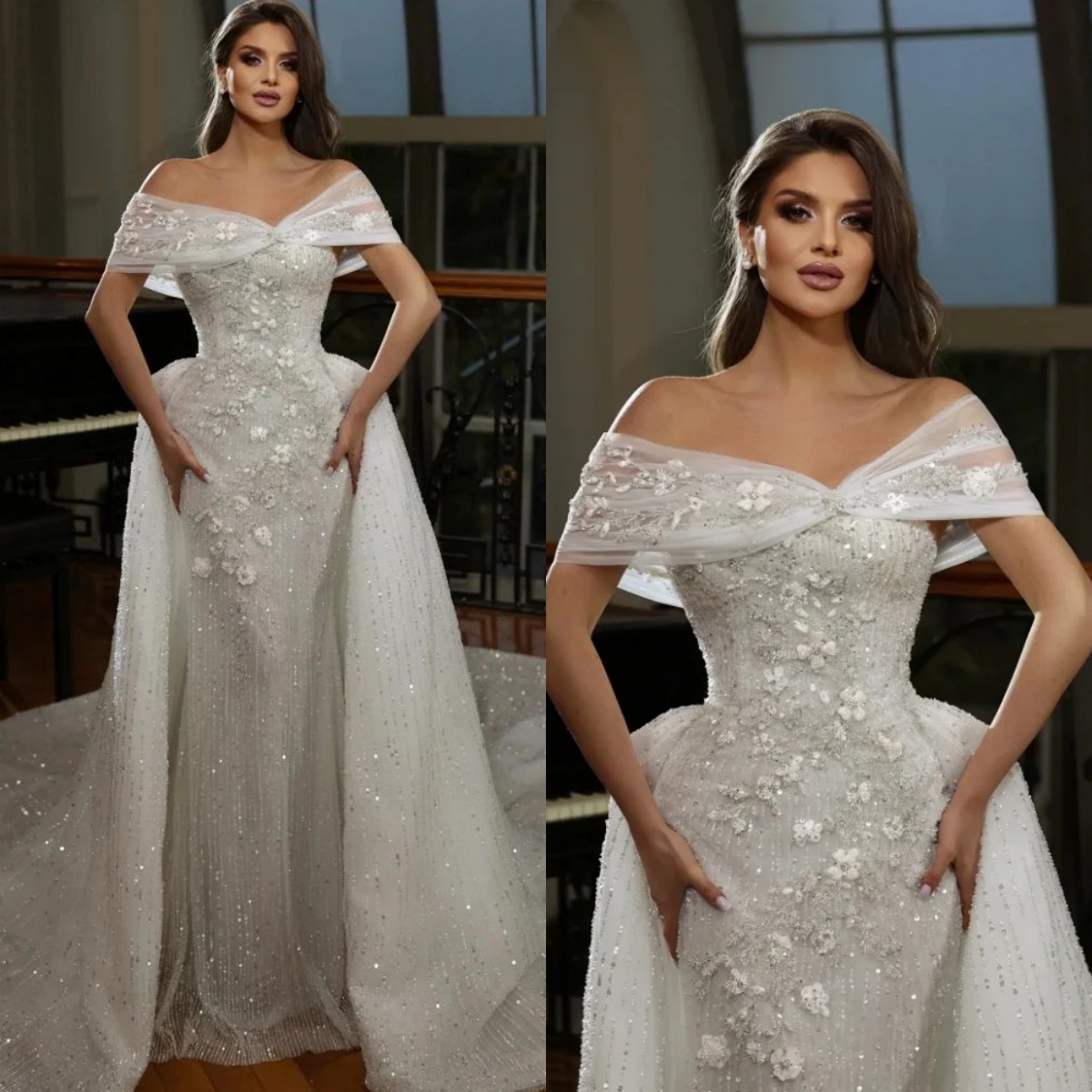 ful Off The Shoulder Bridal Dress Sequins Wedding Gown Dubai Detachable Train Appliques Mermaid Bride Robe Vestido De Novia