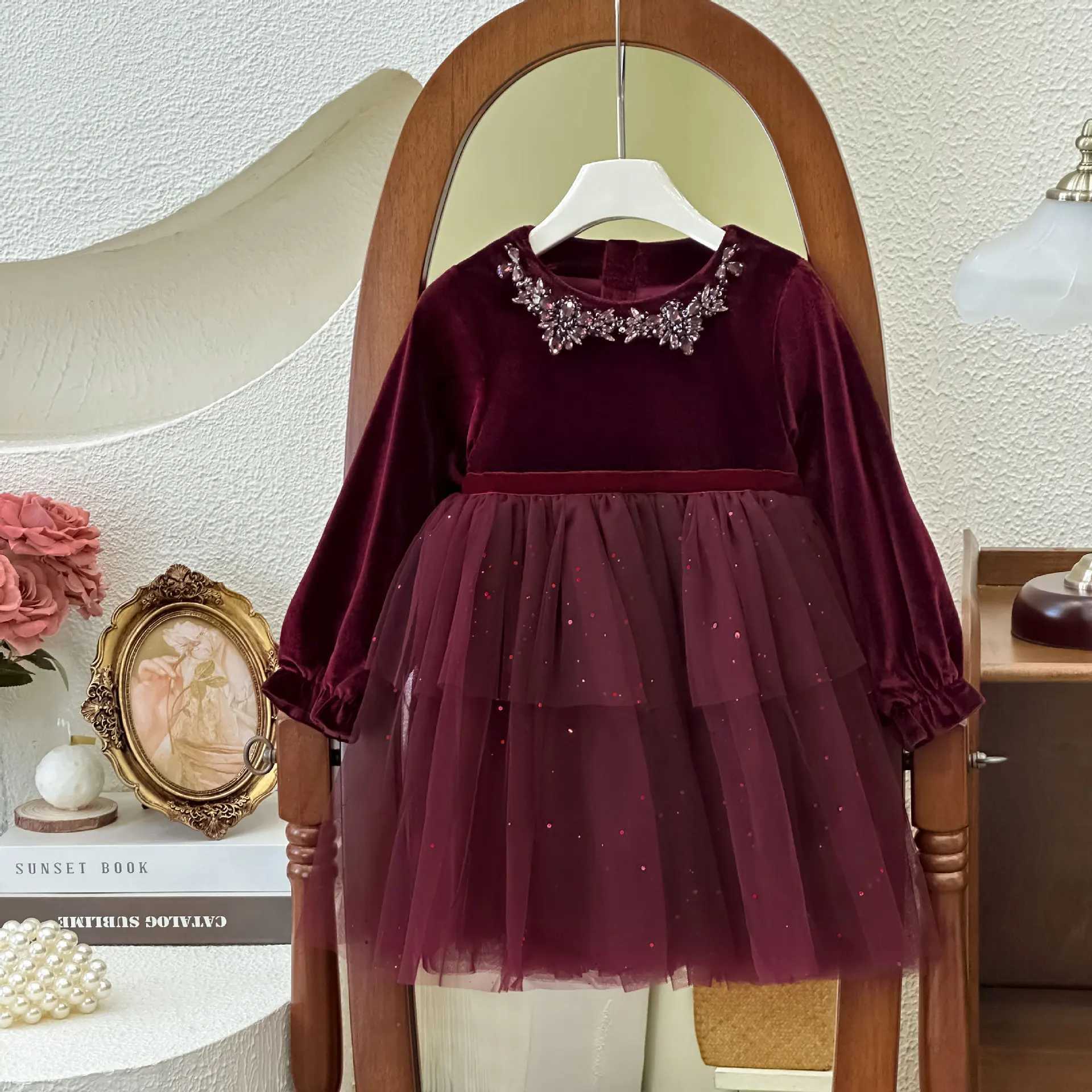 Girls Velvet Dress Autumn Winter Long Sleeve Shinny Little Girl Birthday Dress Elegant Puffy Kids Girls Princess DressXJ241206