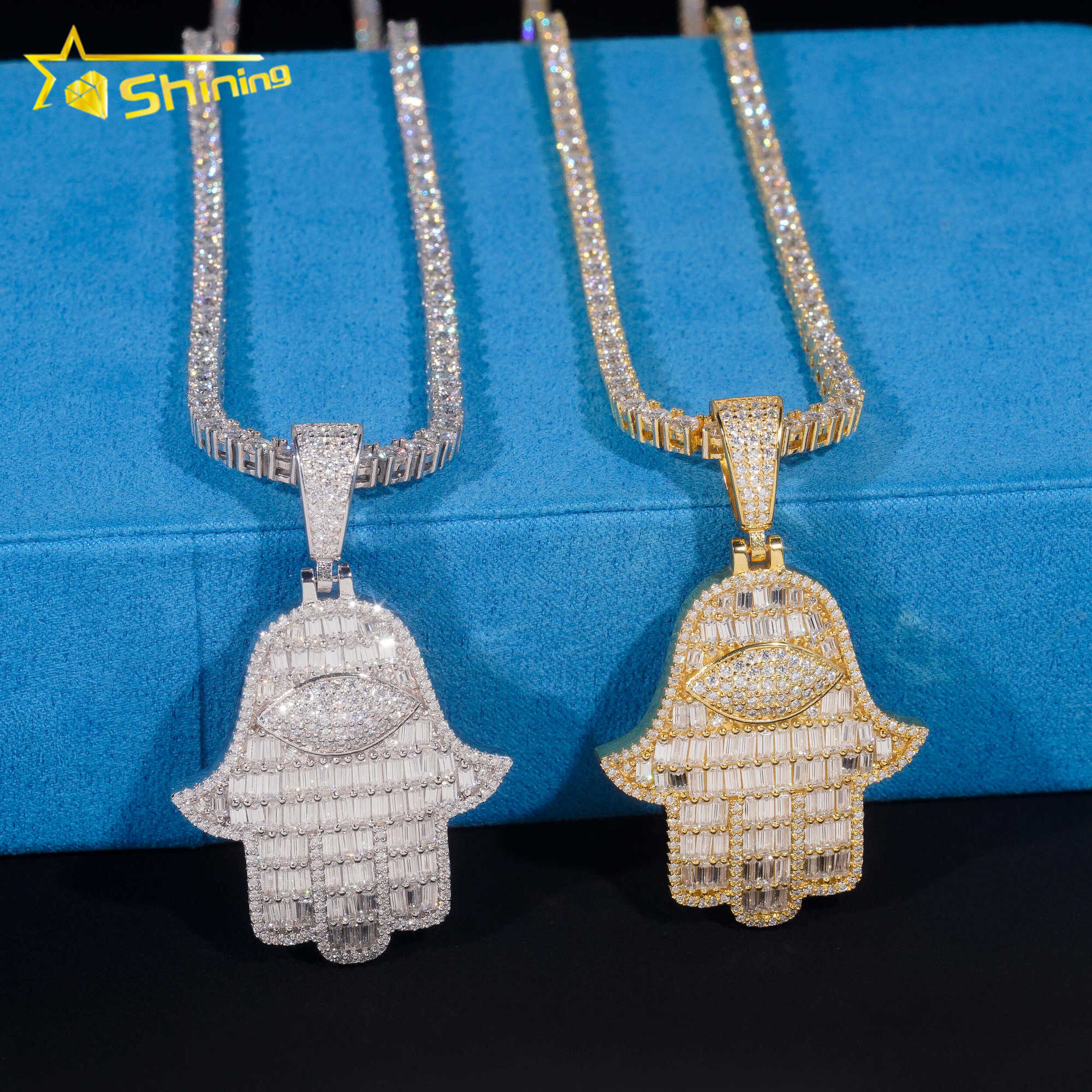 Pass Diamond Tester Baguette Moissanite Hamsa pendant 925 sterling silver GRA moissanite iced out diamond Jewelry Ready To Ship