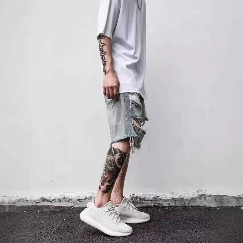 American Style Denim Shorts For Men Trendy Loose-Fit Summer Thin Section Fringe Damaged Design Sensibility Niche Brand Mid-LengtXJ241206