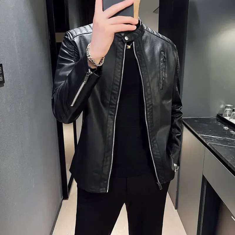 Spring and Autumn Mens Motorcycle Leather Jacket Casual Stand Collar Solid Color White Black Zip Up PU Coat 251015