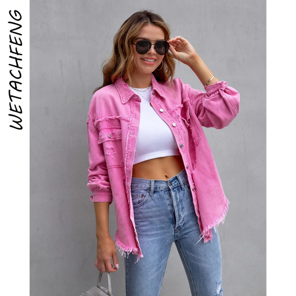 Womens autumn pink jacket long sleeved casual pocket lapel frayed hole tassel denim Korean clothing 241206