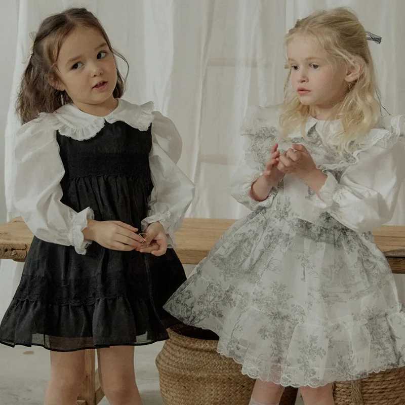 Girls Casual Dresses Spring Korea Girls Children Clothing Solid Color French Cotton Lace Vest 2024 Round Collar SimpleXJ241206