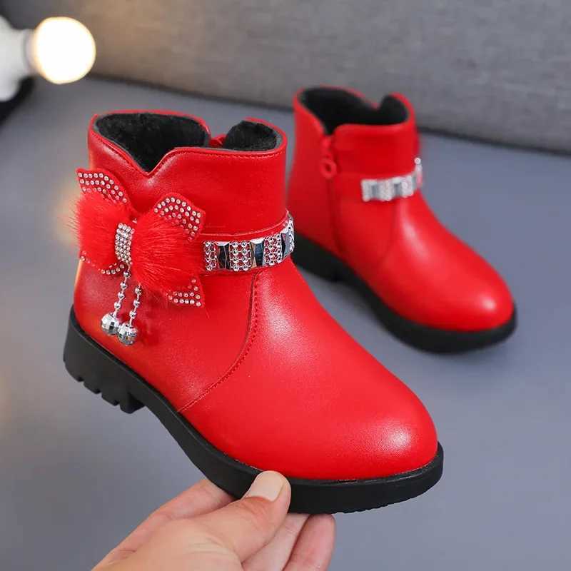 2023 Autumn Winter Girls Boot Soft Leather Ankle Boots Plus Velvet Warm Kids Shoes Toddler Non-slip Cotton Boots Princess ShoesXJ241206