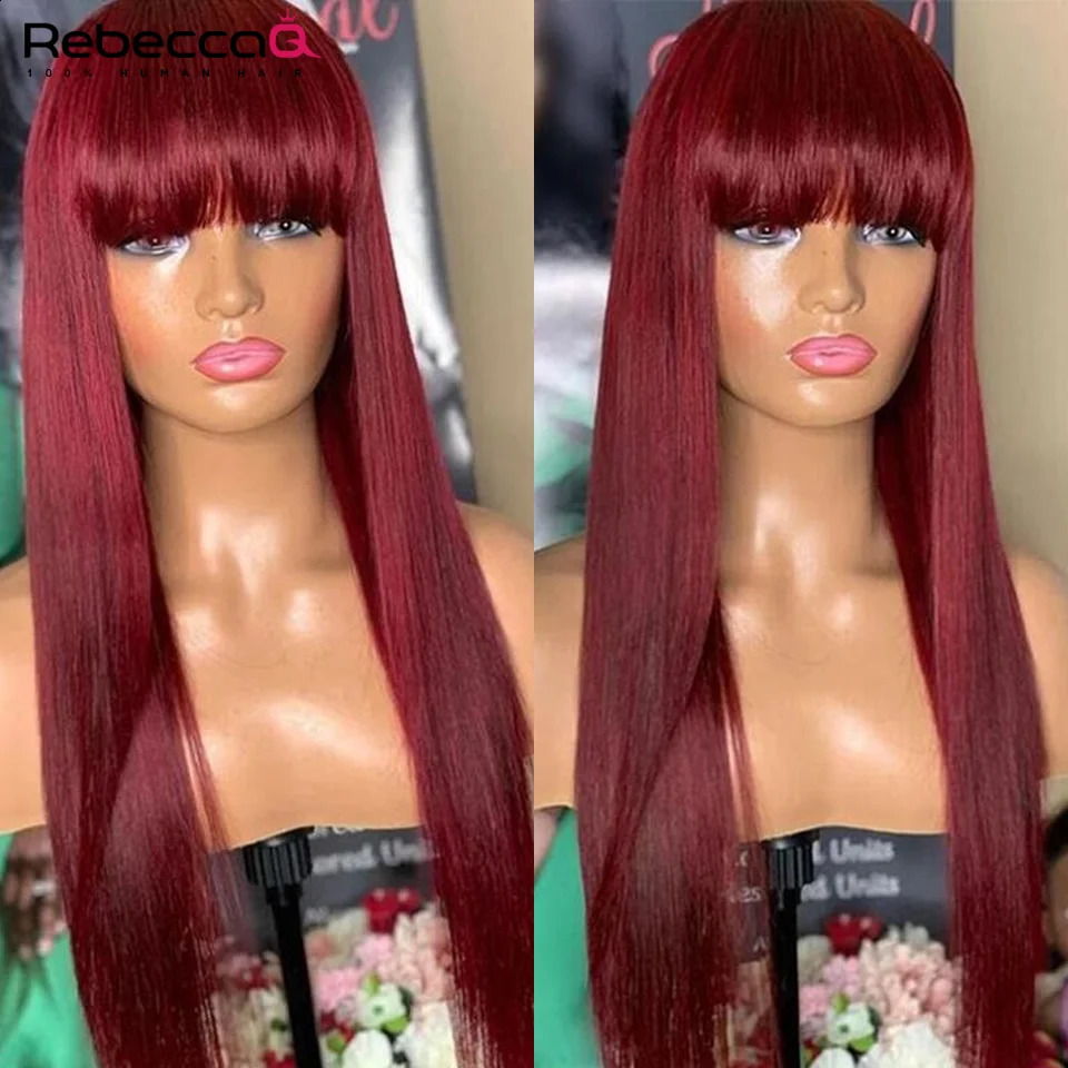 Wear a 99J wig Burg red boned straight hair wig with bangs suitable for Brazilian women Remy hair colorful Halloween cosplay wig 241206