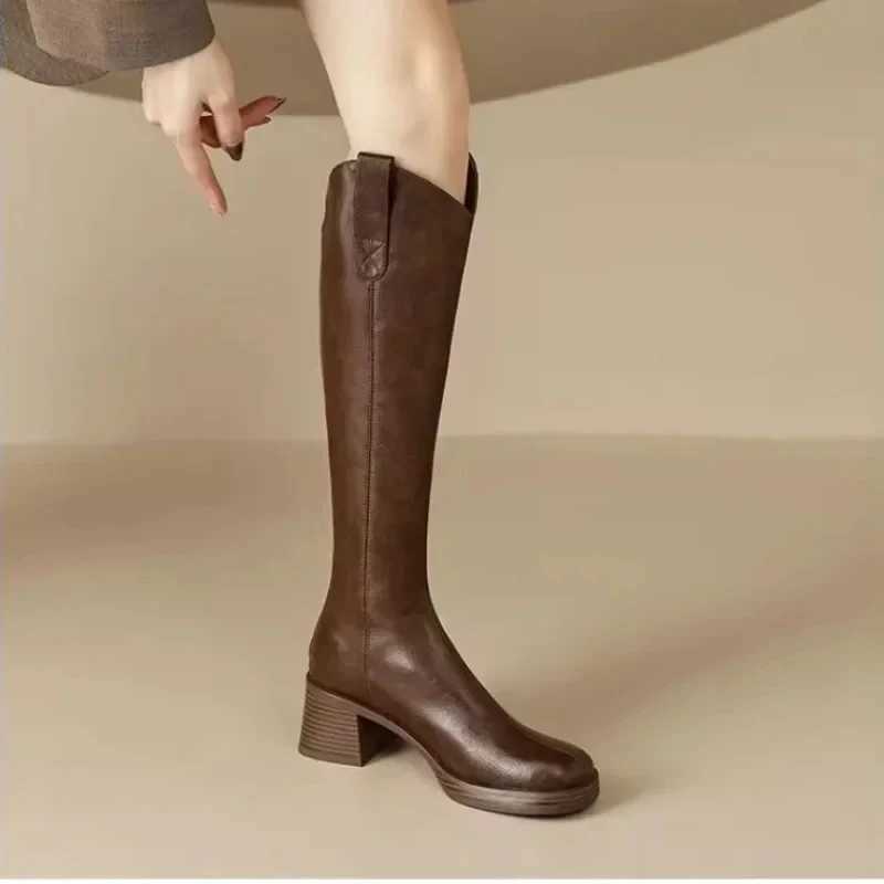 High Quality Brown knee long cycling boots for women round soft leather thick heels high heels T241206