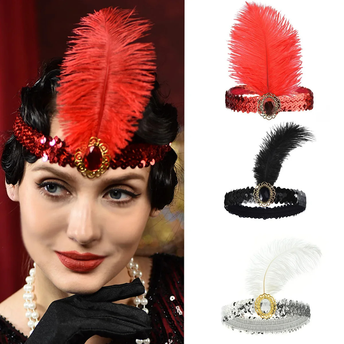 1PCS Ladies 1920s Gatsby Feather Headband Headdress Ball Makeup Party Halloween Carnival Accessory 241122
