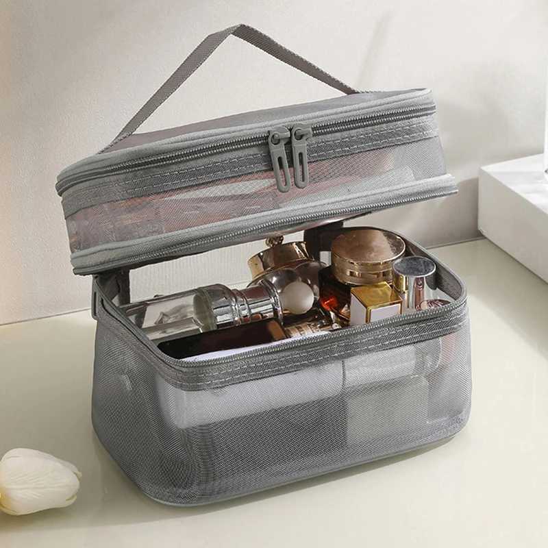 1Pc Mesh Makeup Bag Travel Cosmetics Storage Bag Travel Portable Large Capacity Double Layer Transparent Mesh Zipper W BagXJ241206