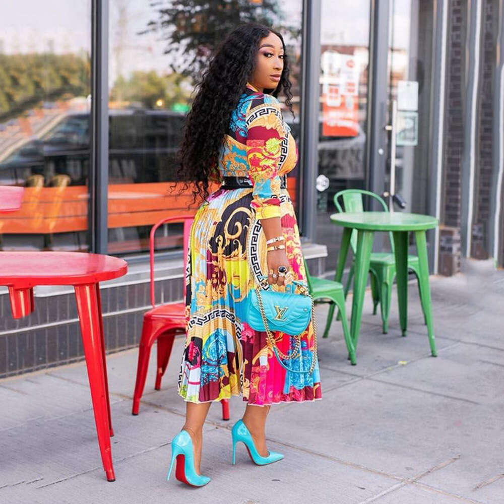 Spring/Summer European and American Dress Large Women's Art Printed Hundred Fold Seven Cent Sleeve Long Style 2024 Versatile New Trendy Clothing 