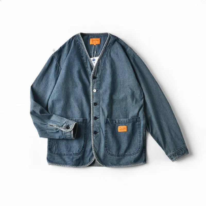 INS Fashion Japanese Fashion Cotton Washed Loose Collarless Casual Open Cowboy Jacket Mens Spring 241205
