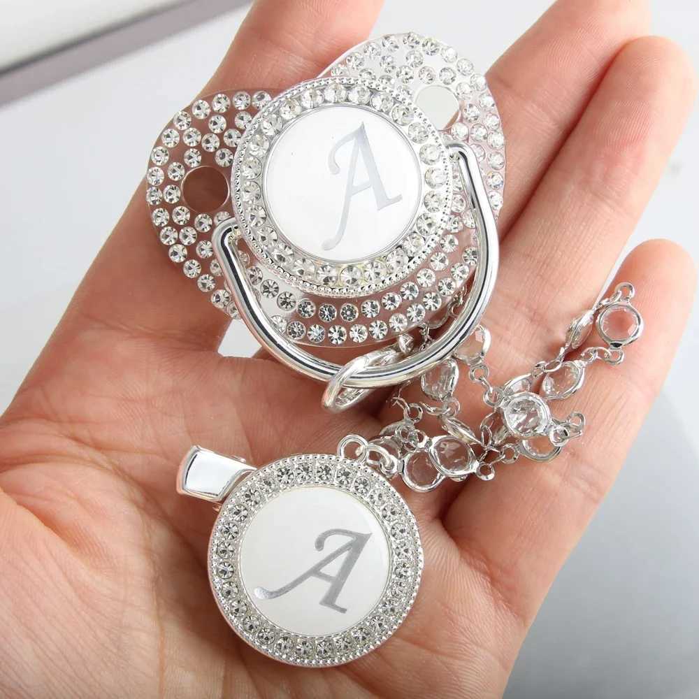 Pacifier Holders Clips# 26 Initial Letter Transparent Baby Pacifier With Chain BPA Free Silver Dummy Soother H241206
