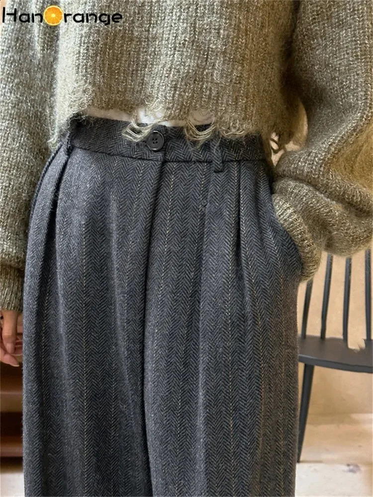 HanOrange Winter Fashion Modern Wide Leg Woolen Pants for Women Loose Warm and Comfortable Trouser Womens Black Grey/Coffee 241202