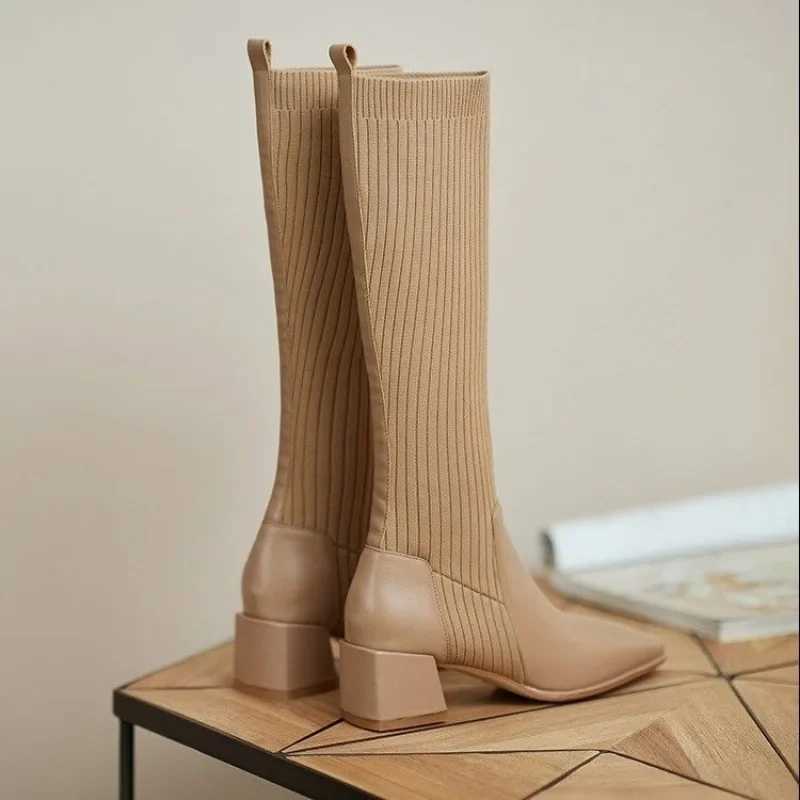 High Quality hot knee thick high sock boots winter boots warm and elegant autumn brown wedge elastic new temperature Lg shoes T241206