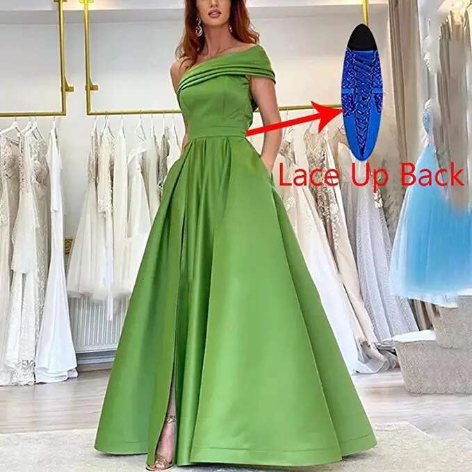 Single shoulder satin dress, evening gown, birthday party, fluffy skirt, green high slit sexy jumpsuit, 2024 versatile new trendy clothing ins