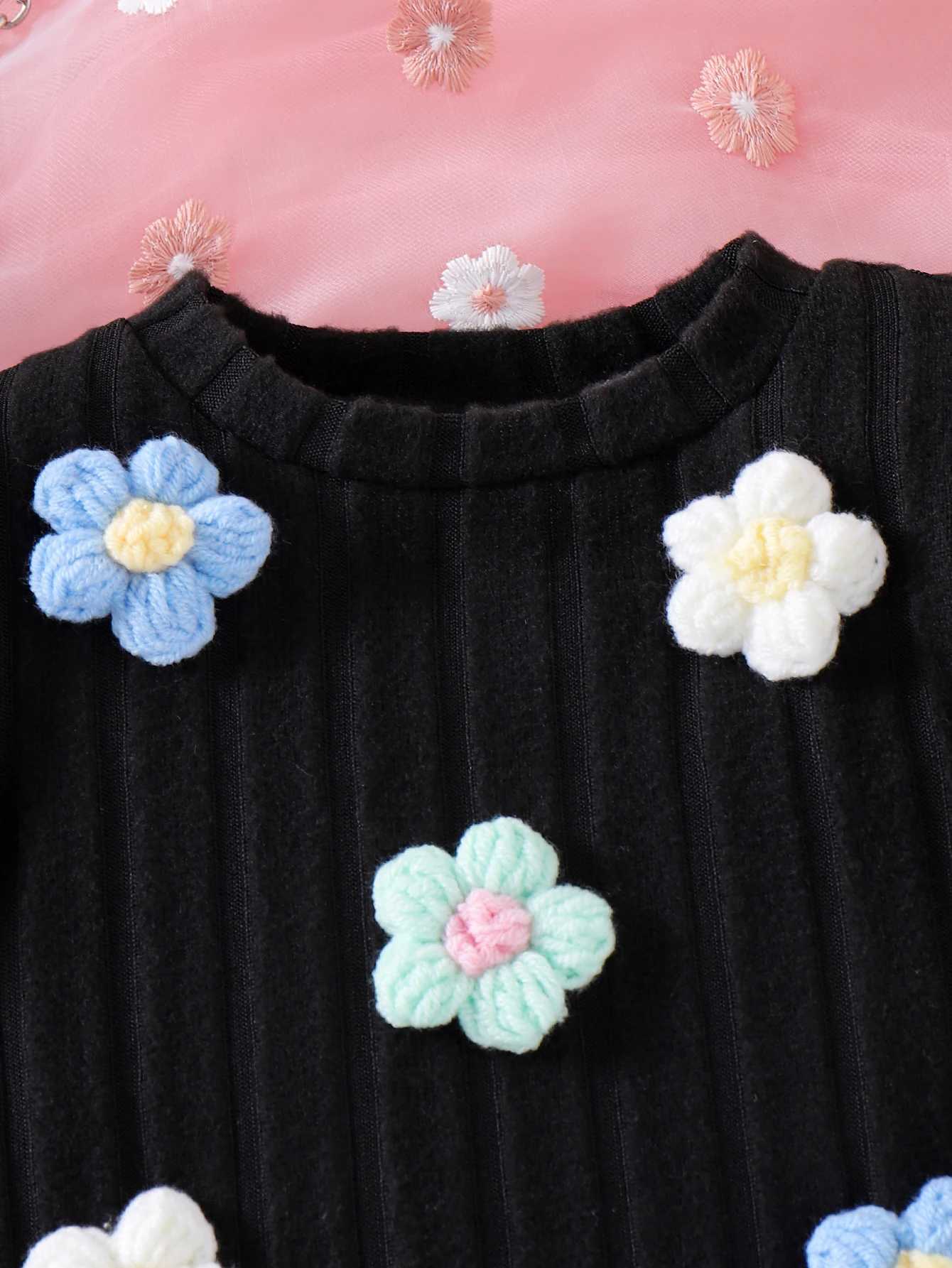 Autumn New Sle For Girls Aged 0-3 Years Old Comfortable Fashionable Foreign Sle Flower Embroidered Black DressXJ241206