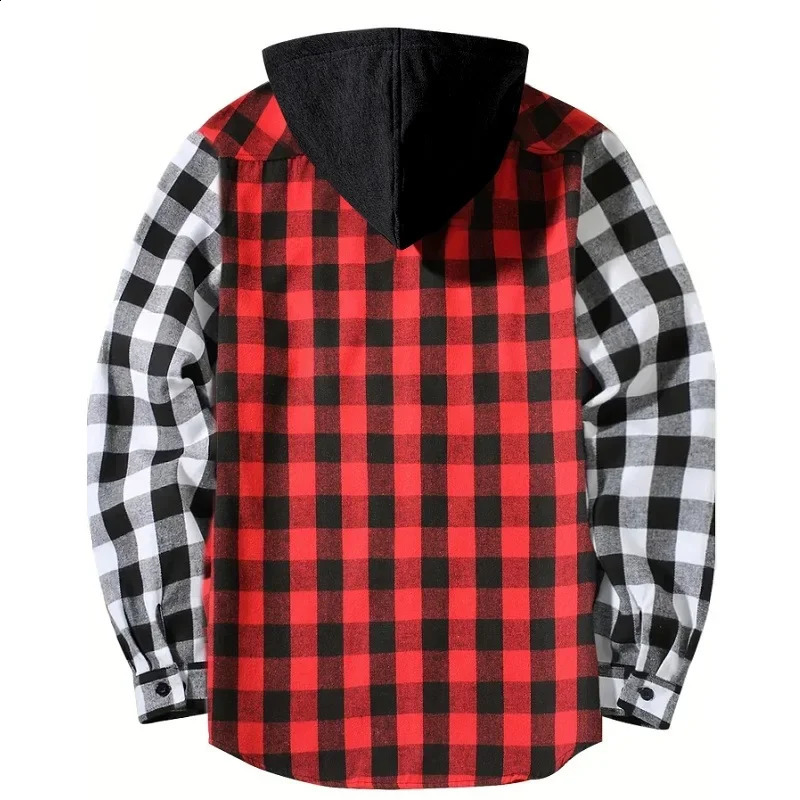Mens hoodie plain weave patchwork color casual button long sleeved double pocket shirt hoodie flannel jacket spring and autumn top 241205