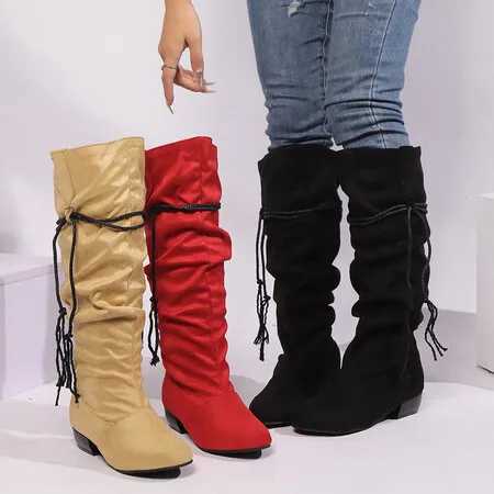 High Quality New Bun Knee Boots 3cm Square Heel Wrinkle Round Toe and Suede Black Almond Casual Large Size 44 45 46 47 T241206