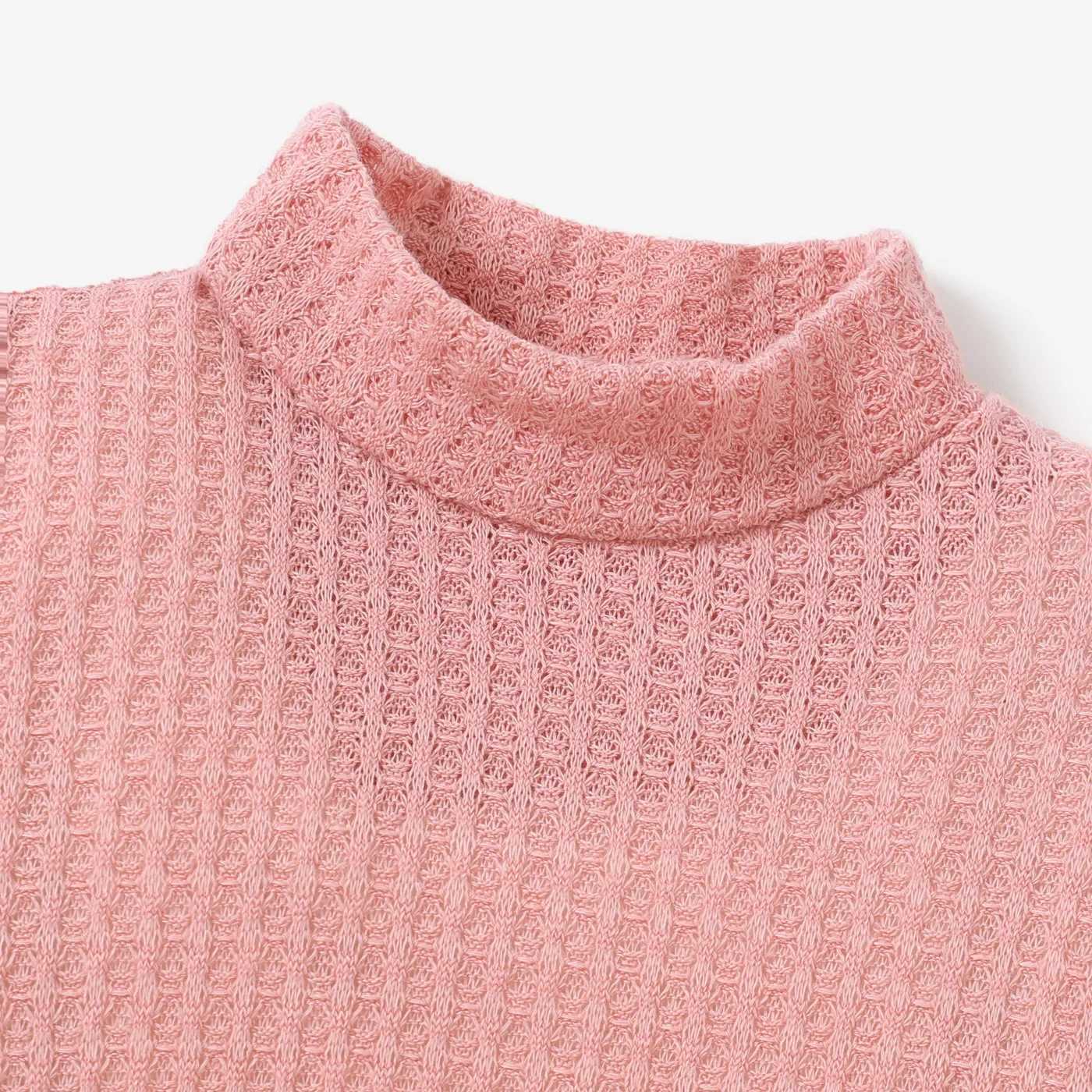 Toddler Girl Solid Color Mock Neck Waffle Long Puff-sleeve Dress Perfect for Outings and Daily Wear Basic SleXJ241206