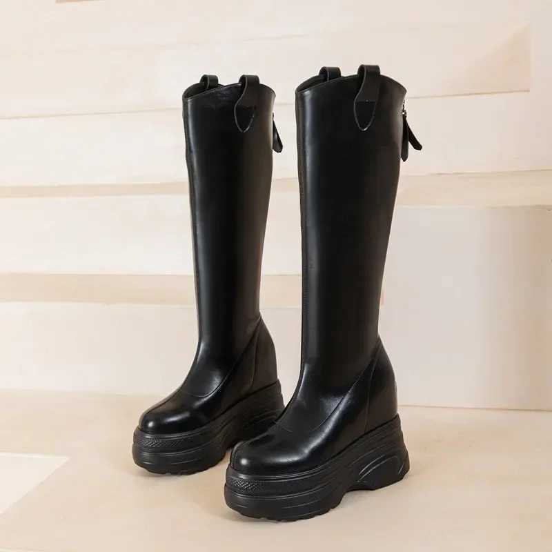 High Quality Womens genuine leather boots new 11cm heel high platform inner high boots T241206