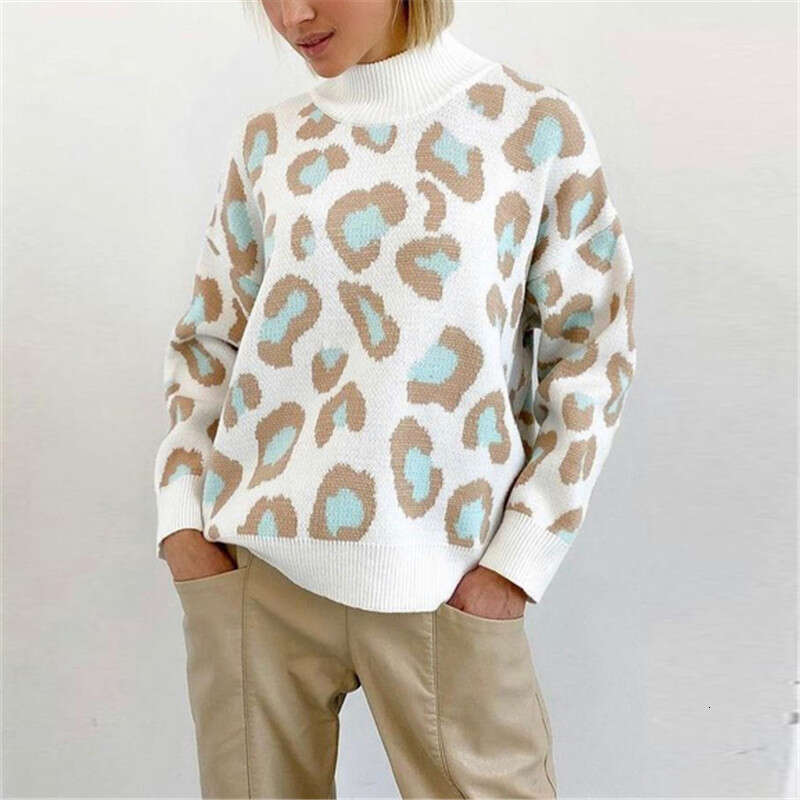 European American college style semi high neck leopard print pullover sweater autumn and winter long sleeved temperament wool top for women 2024 new c