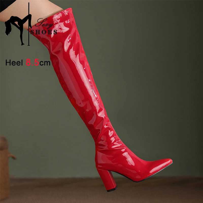 High Quality Sexy knee high PU leather warm boots flat zipper square high heels high heels womens shoes autumn and winter thick boots T241206