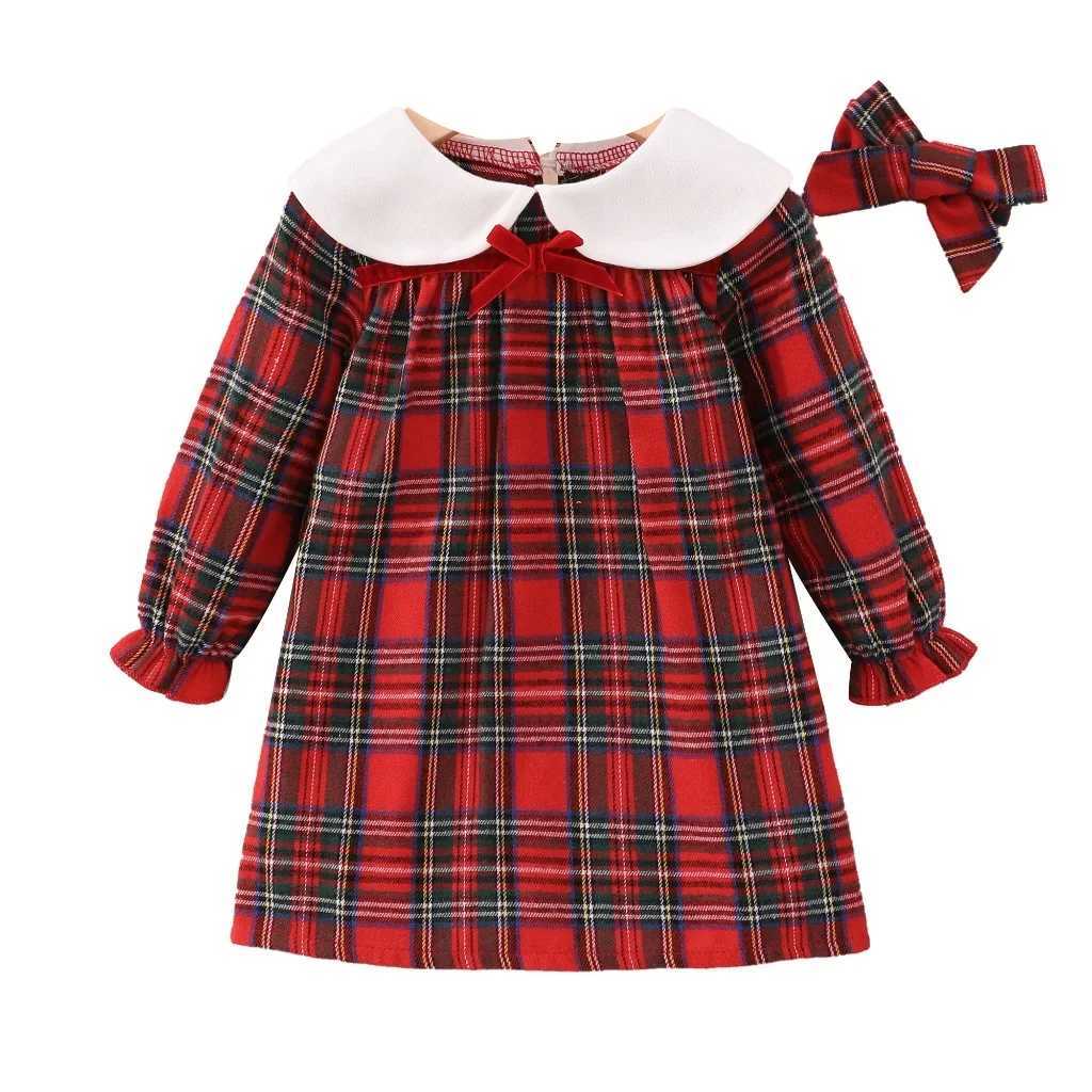 2024 Pret Dress for Baby Girl with Long Sleeve in Red Plaid for Cute Birthday Par Princess Kids 1 To 5 Years Old Clothes SetXJ241206