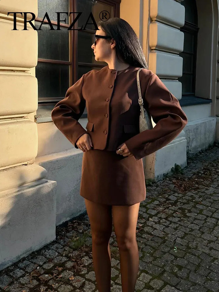 TRAFZA 2024 Autumn Women Fashion Solid Set O Neck Balloon Type Short Coat Top Wild Streetwear Slim Woman Brown Mini Skirt 241205