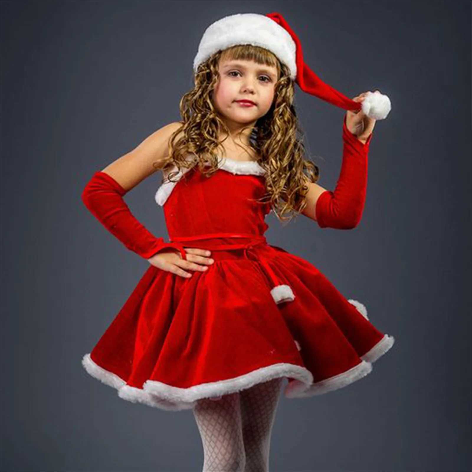 Toddler Newborn Babys Clothes Girls Christmas Santa Costume Sleeveless Belted Dress Gloves Hat Set Childrens Clothing WinterXJ241206