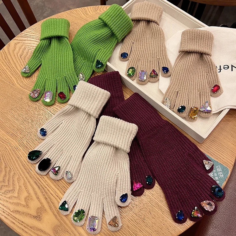 Wool Gloves Winter Style Rhinestone Knitted Gloves Korean Fashion Warm Gloves C037 241206