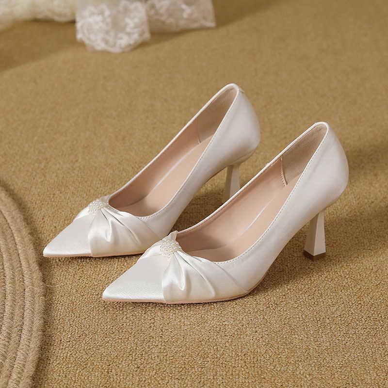 Square thin heel pointed pearl high heels womens silk champagne color electroplated heel plus size widened womens shoes versatile for commuting