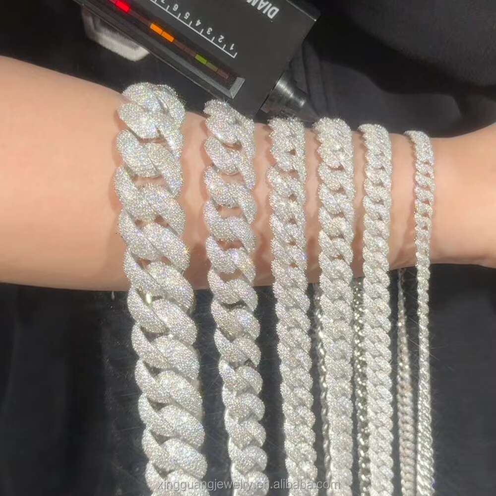 XG Moissanite curved Cuban real Sier Plated Gold iced out vvs Moissante curb Chains Necklaces for men A+