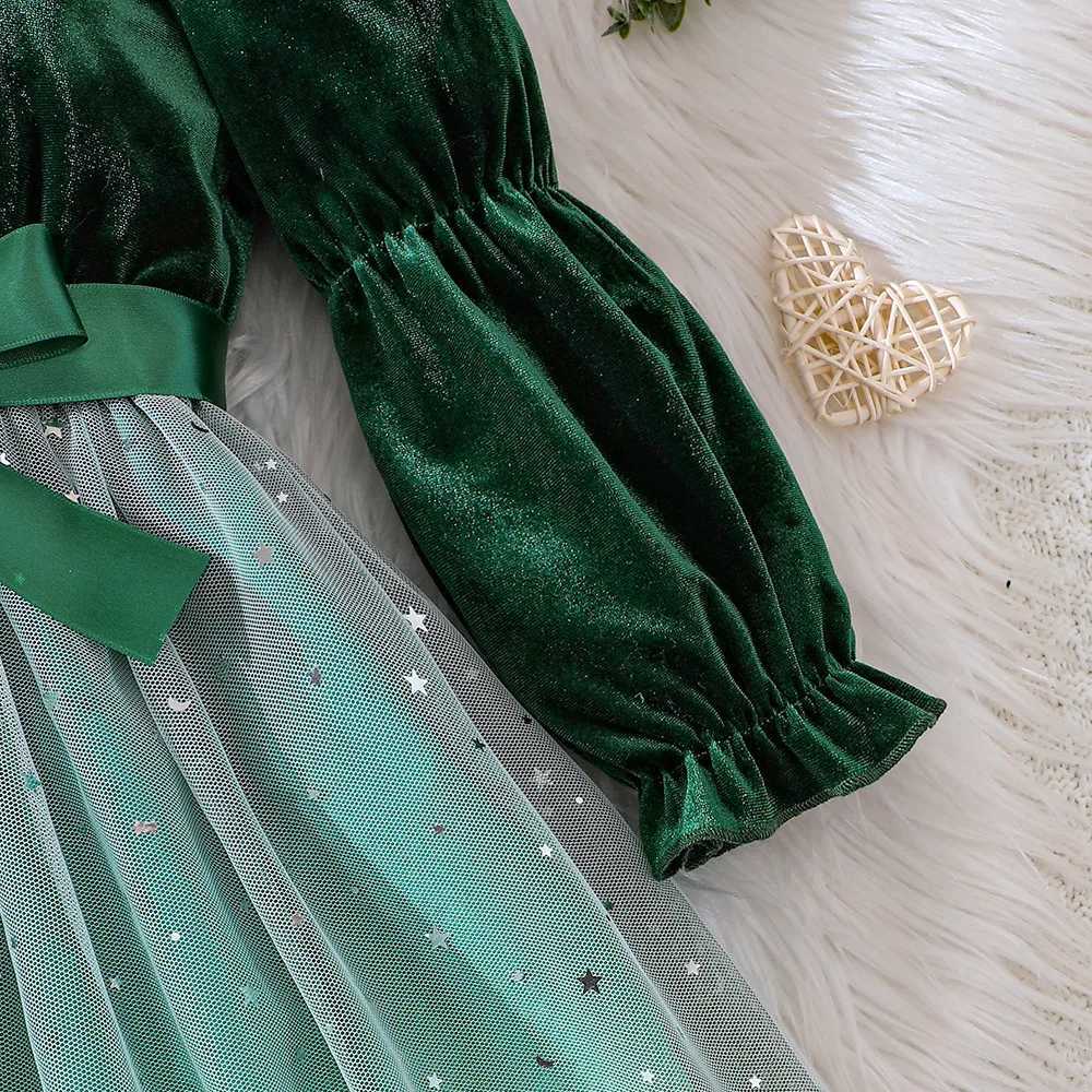 2023 Winter New Girls Dress Long Sleeve O Neck Sparkly Sequins Green Cute Designer Girls Princess Dress Vestido 0-3TXJ241206