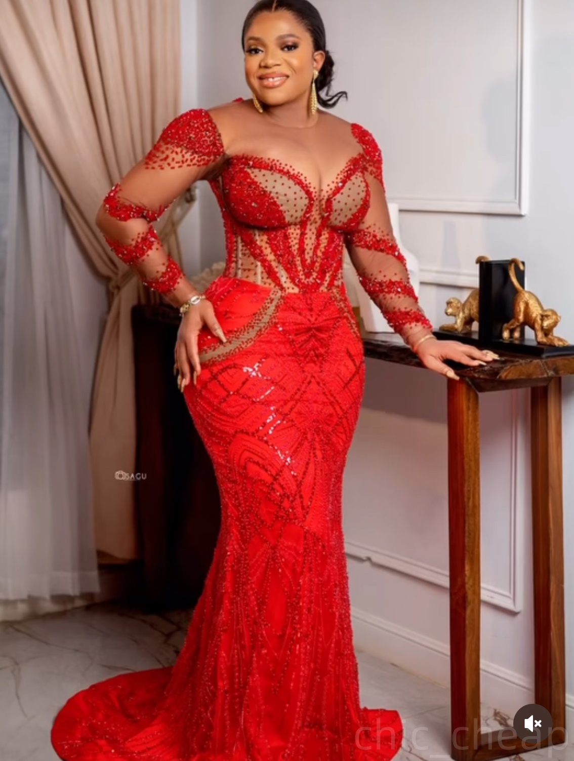 Red Illusion Mermaid Prom Dresses 2025 Beaded Sequined Full Sleeves Evening Formal Party Second Birthday Engagement Gowns Plus Size Dress For Special 