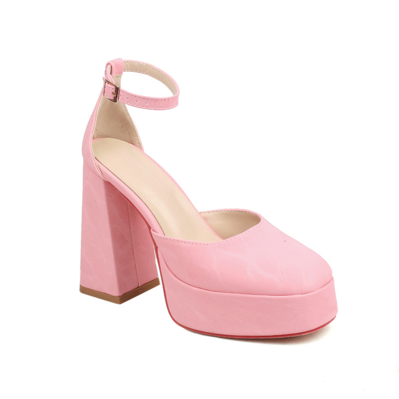 Summer Sliver Pink Retro Block 12Cm High-Heeled Ladies Buckle Strap Platform Sandals Orange Black Cover Heels Women Shoes Party