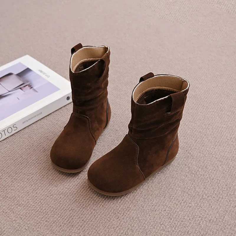 Children Stacked Leather Boots Girls Cowboy Fashion Boots Retro Sle Kids Flats Short Boots All Match Spring Autumn 2024 NewXJ241206