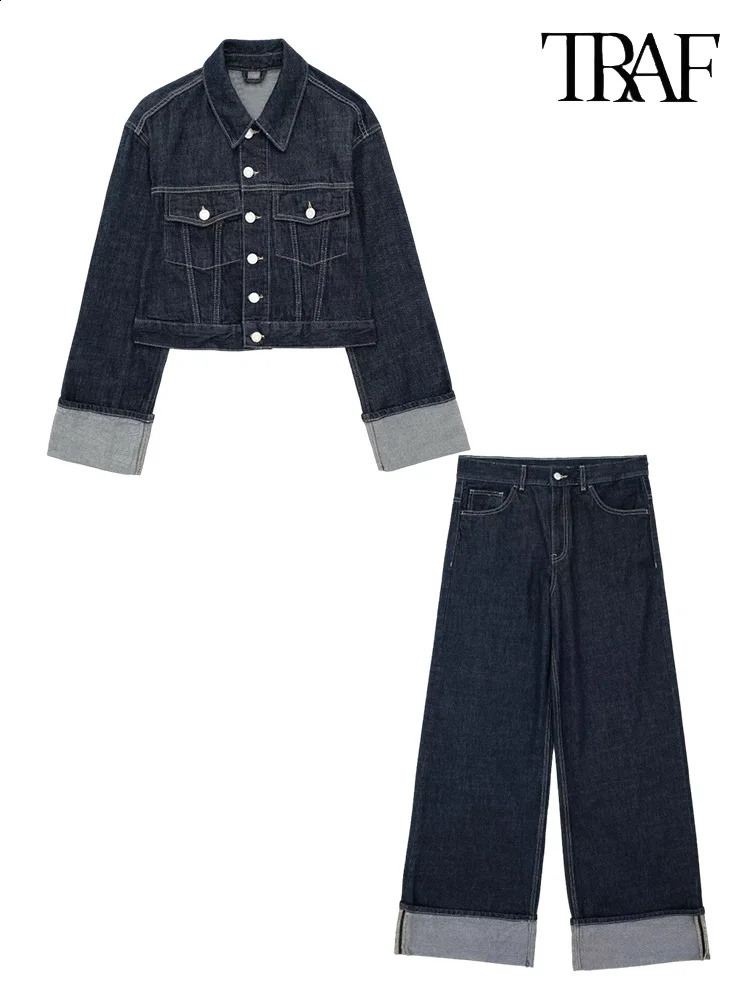 TRAF womens rolling sleeve denim jacket jackethigh waist wide leg jeans casual fashion tenor set 241206