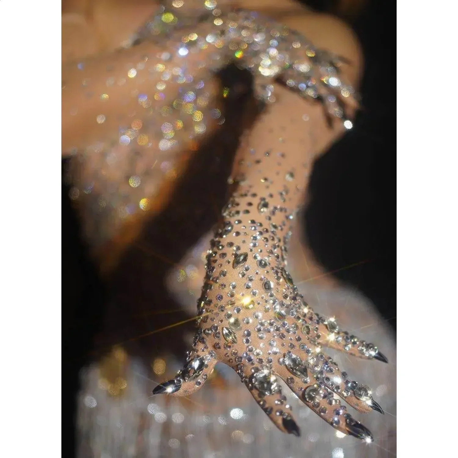 Womens sparkling crystal mesh long angle gloves elastic rhinestone gloves dance singer stage costume accessories 241206