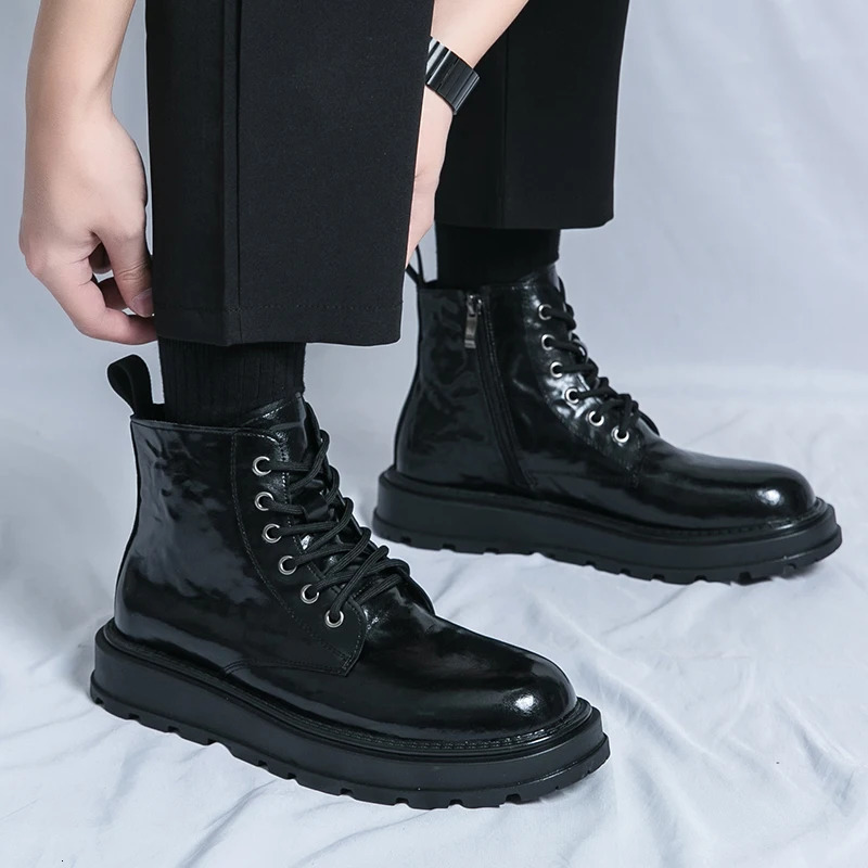 Winter Mens Motorcycle Boots Shiny Lace Up Round Toe Short Boots Waterproof Non Slip Denim Boots Formal High Top Leather Shoes 241206