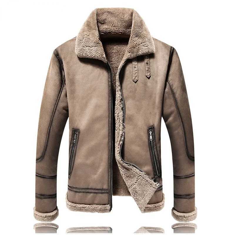 New Men Suede Leather Jacket Winter Warm Outwear Faux Fur Turn-down Collar Coat Buckles Plus Size JacketXJ241206