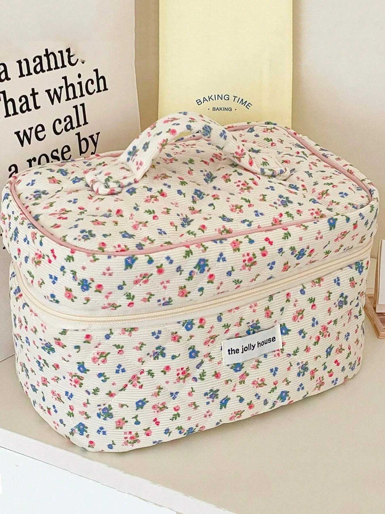 Lovely Floral Stihing Corduroy Cosmetic Bag For Storing Skin Care ltems Lipsticks Accessories Travel Necessity Birthday GiftXJ241206