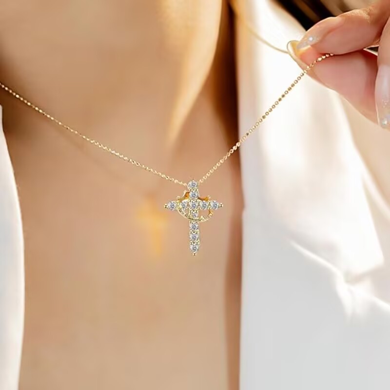 Other Cross Crown Pendant Choker Necklace - Silver/Gold Chain Trendy Jewelry for Women Men Girls Party Holiday Gift S25315