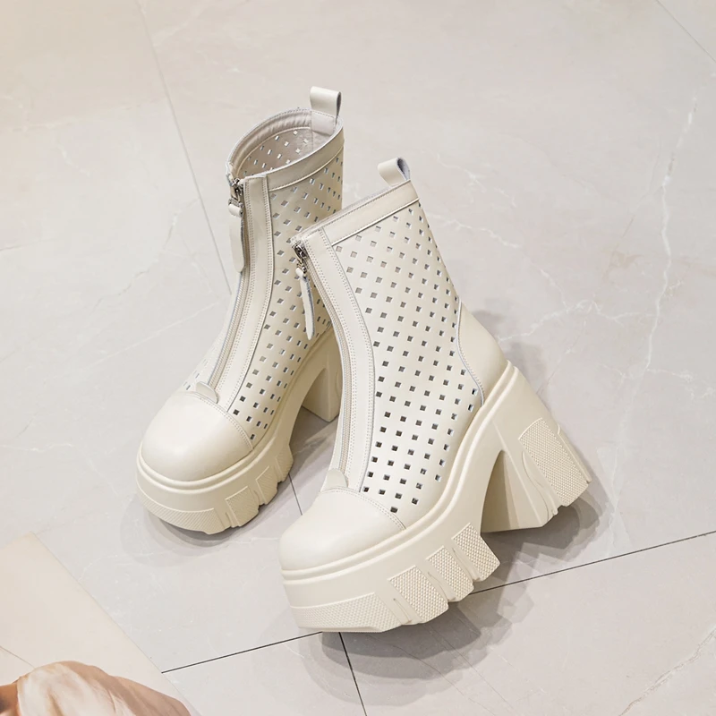 AIYUQI Summer Boots Female Genuine Leather High Heel Mesh Boots Women 11c Heel High Fashion Sandals Women