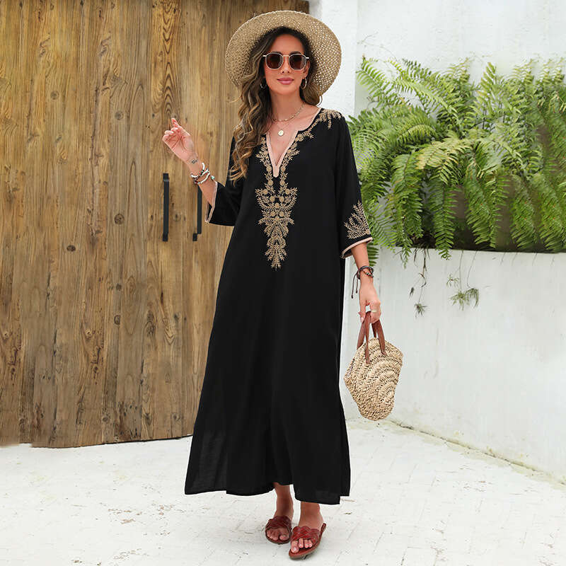 European and American cotton embroidered beach long robe style vacation jumpsuit, bikini swimsuit, outer cover shirt, 2024 new casual versatile fashio