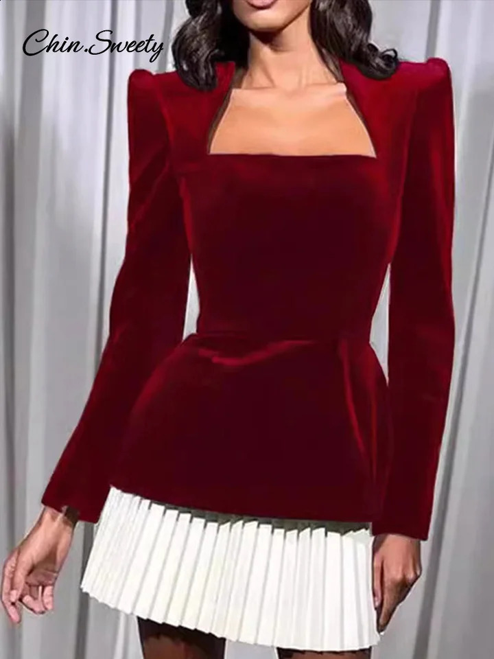 Elegant velvet patchwork black mini dress for women with shoulder pads pleated hem square neckline long sleeved dress womens party dress 241206