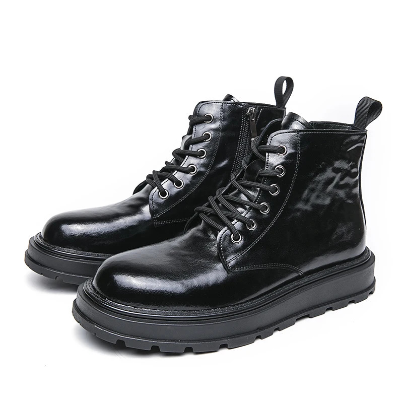 Winter Mens Motorcycle Boots Shiny Lace Up Round Toe Short Boots Waterproof Non Slip Denim Boots Formal High Top Leather Shoes 241206