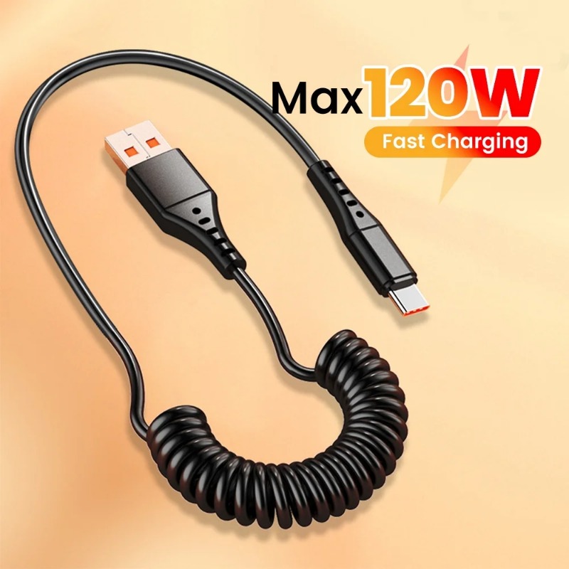 120W Car Spring Cable USB Type C Fast Charging Micro USB Cable For iPhone 16 15 Samsung Xiaomi Huawei Quick Charger 3.0